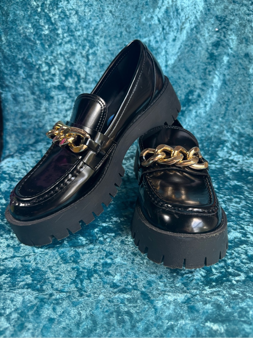 Guess Black Patent Platform Chunky Gold Chain Loafers